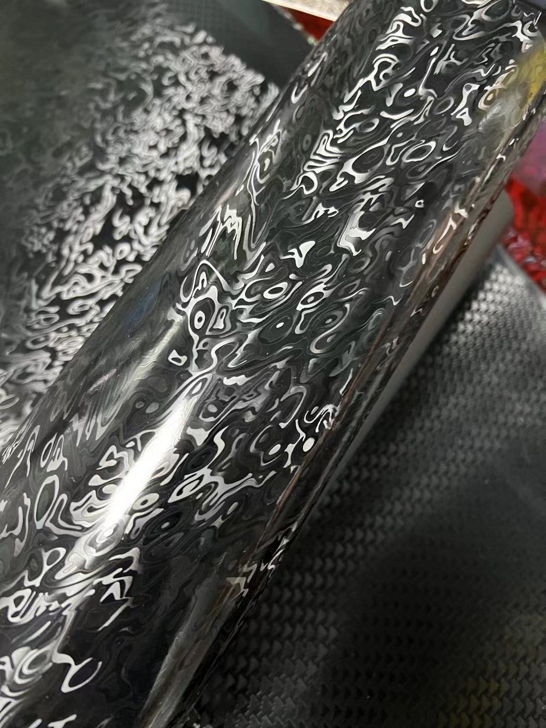 Mallcas™ Satin Damascus Black Carbon Fiber Vinyl Wrap (PET Liner)